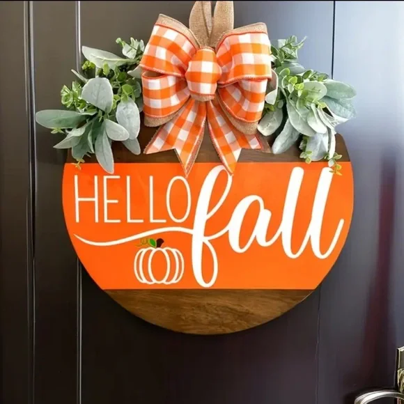 AJ SouthernCharm’s “Hello Fall” Round Wooden Door Sign with Bow & Greenery - Picture 2 of 2